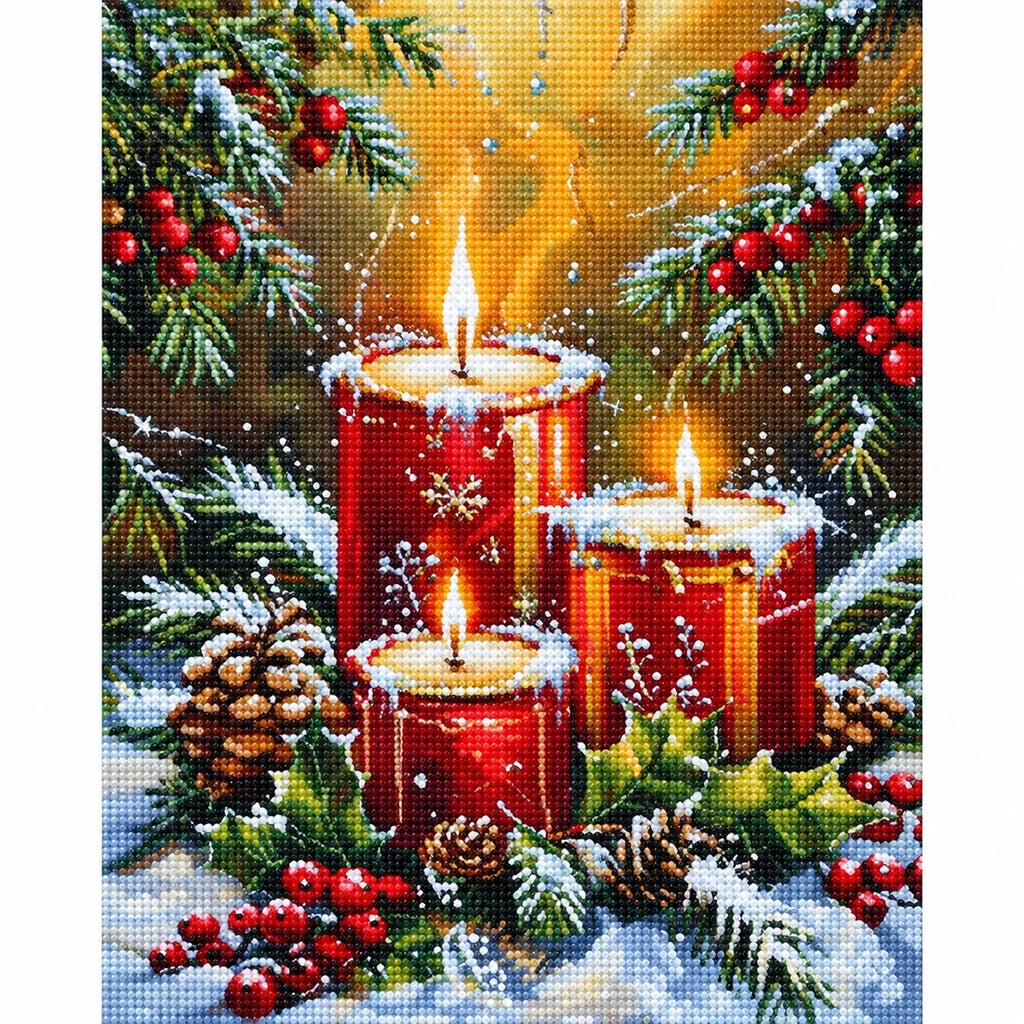 Christmas Candles & Pinecones Diamond Painting Kit finished diamond artwork on white background