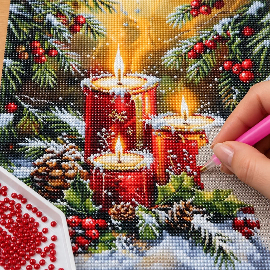 Christmas Candles & Pinecones Diamond Painting Kit process