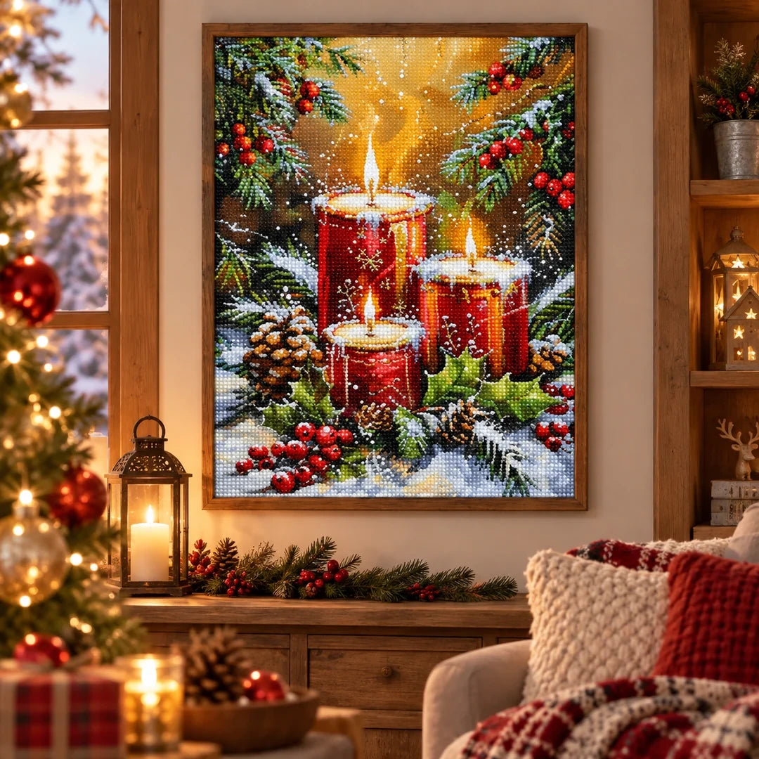 Christmas Candles & Pinecones Diamond Painting Kit scene