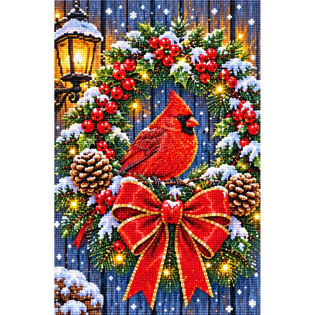 Christmas Cardinal Lantern Wreath — finished diamond painting on a white background