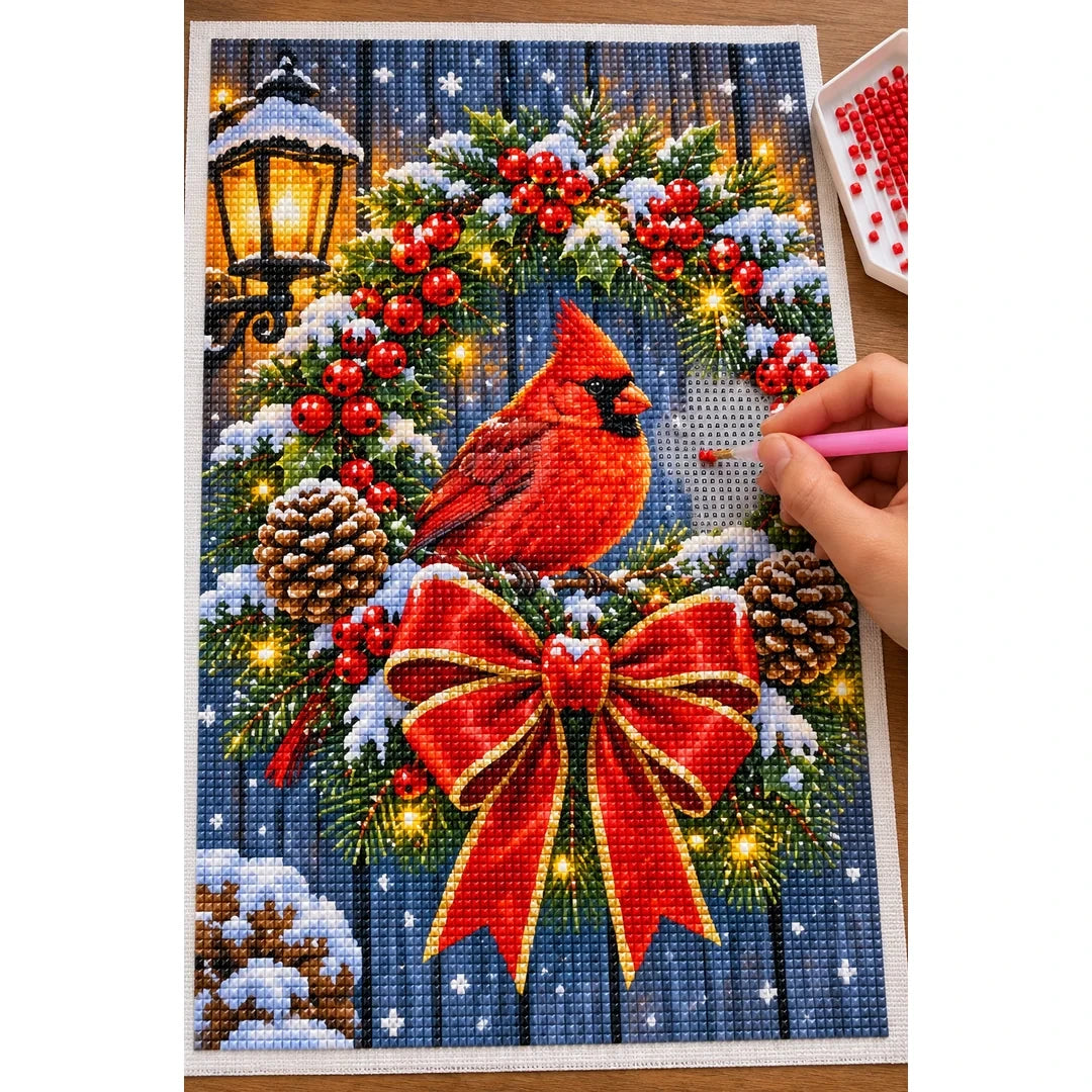 Christmas Cardinal Lantern Wreath — diamond painting process with applicator pen