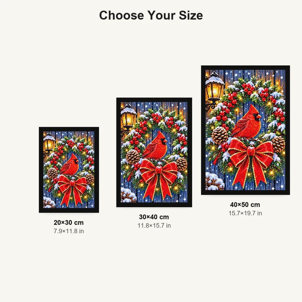 Christmas Cardinal Lantern Wreath — size comparison for 20 × 30, 30 × 40 and 40 × 50 cm