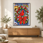 Christmas Cardinal Lantern Wreath — finished diamond painting displayed in a home interior