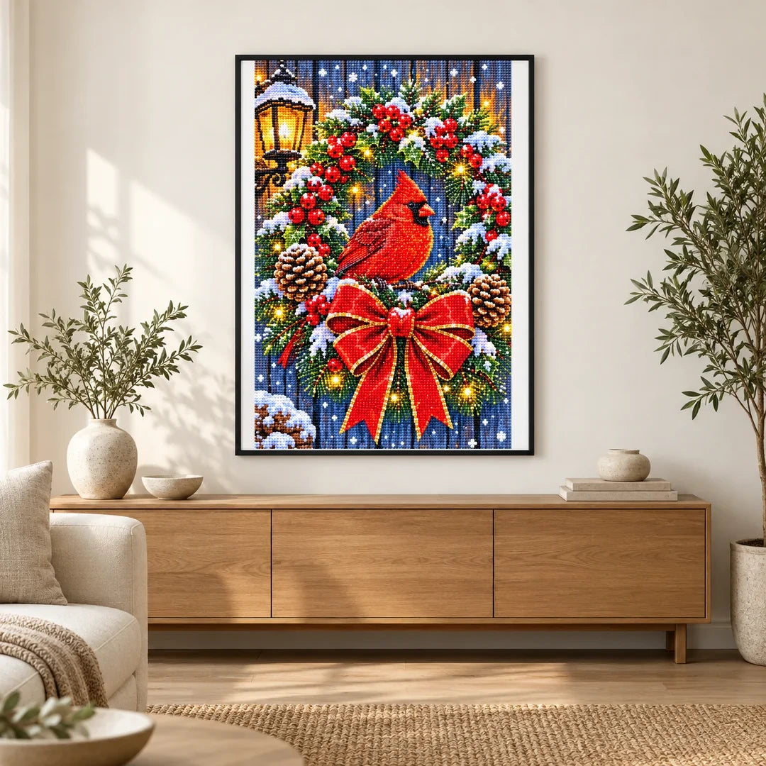 Christmas Cardinal Lantern Wreath — finished diamond painting displayed in a home interior