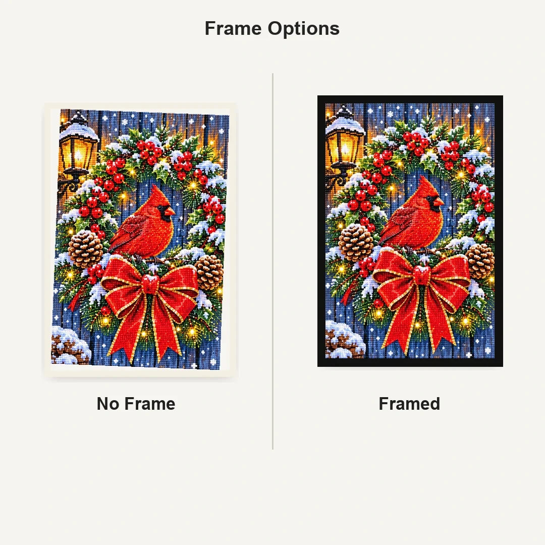 Christmas Cardinal Lantern Wreath — No Frame and Framed style comparison