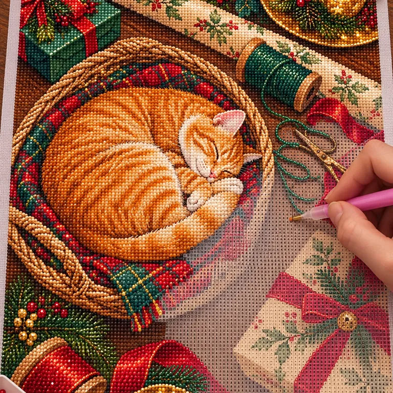 Hands placing diamond drills on the Christmas Cat design.