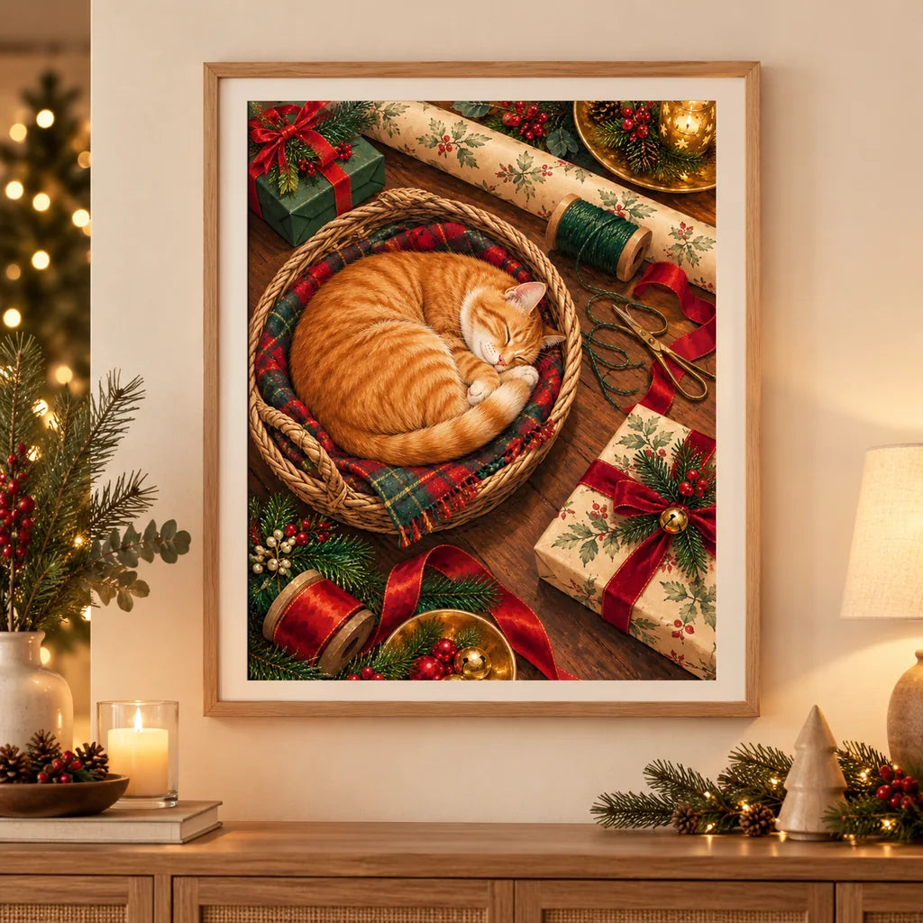 Framed Christmas Cat diamond painting displayed as home decor.