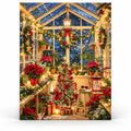 Christmas Conservatory Poinsettia Snowy Night paint by numbers artwork on a front-facing canvas against a white background.