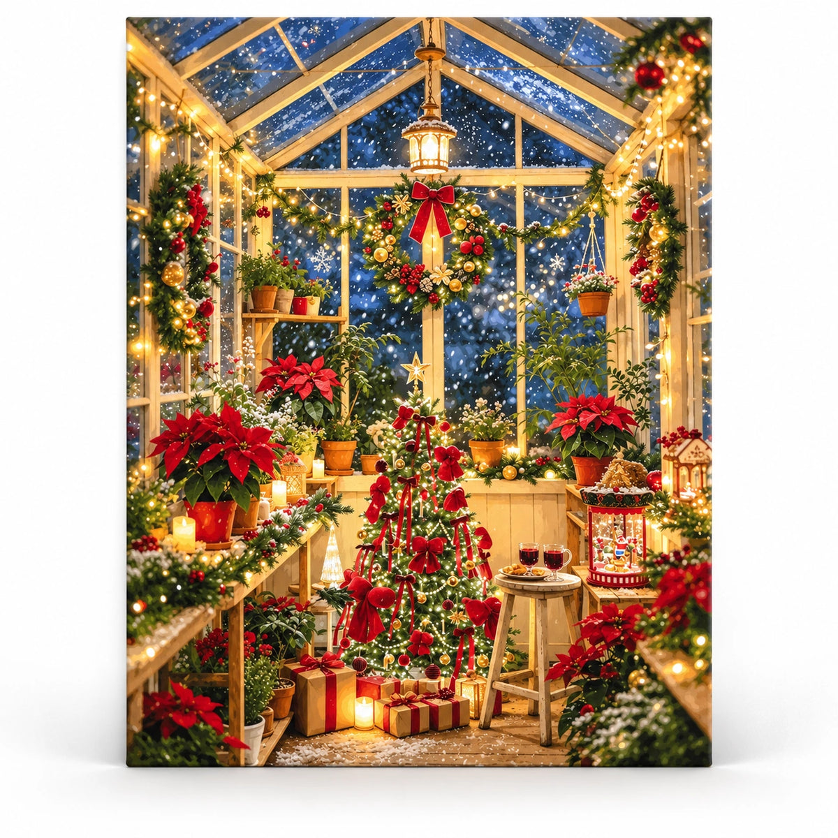 Christmas Conservatory Poinsettia Snowy Night paint by numbers artwork on a front-facing canvas against a white background.
