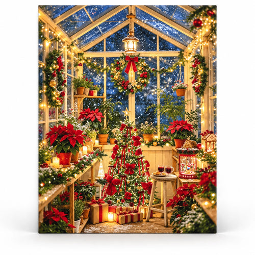 Christmas Conservatory Poinsettia Snowy Night paint by numbers artwork on a front-facing canvas against a white background.