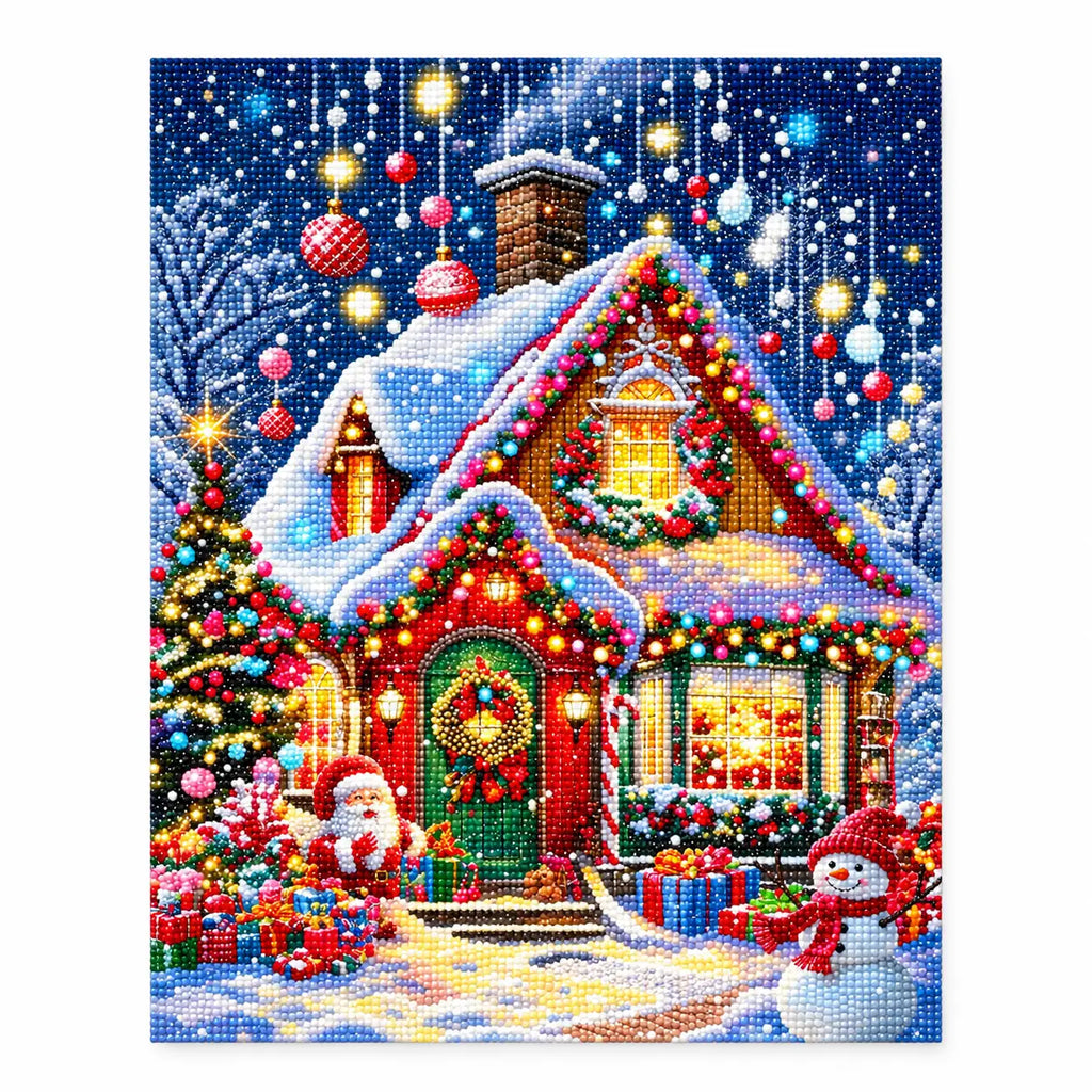 Finished diamond painting of christmas cottage glow.