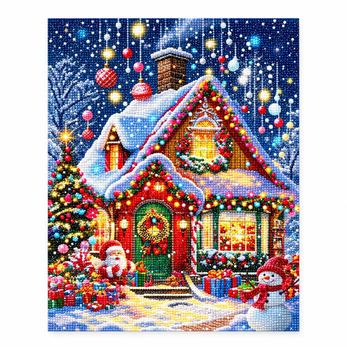 Finished diamond painting of christmas cottage glow.