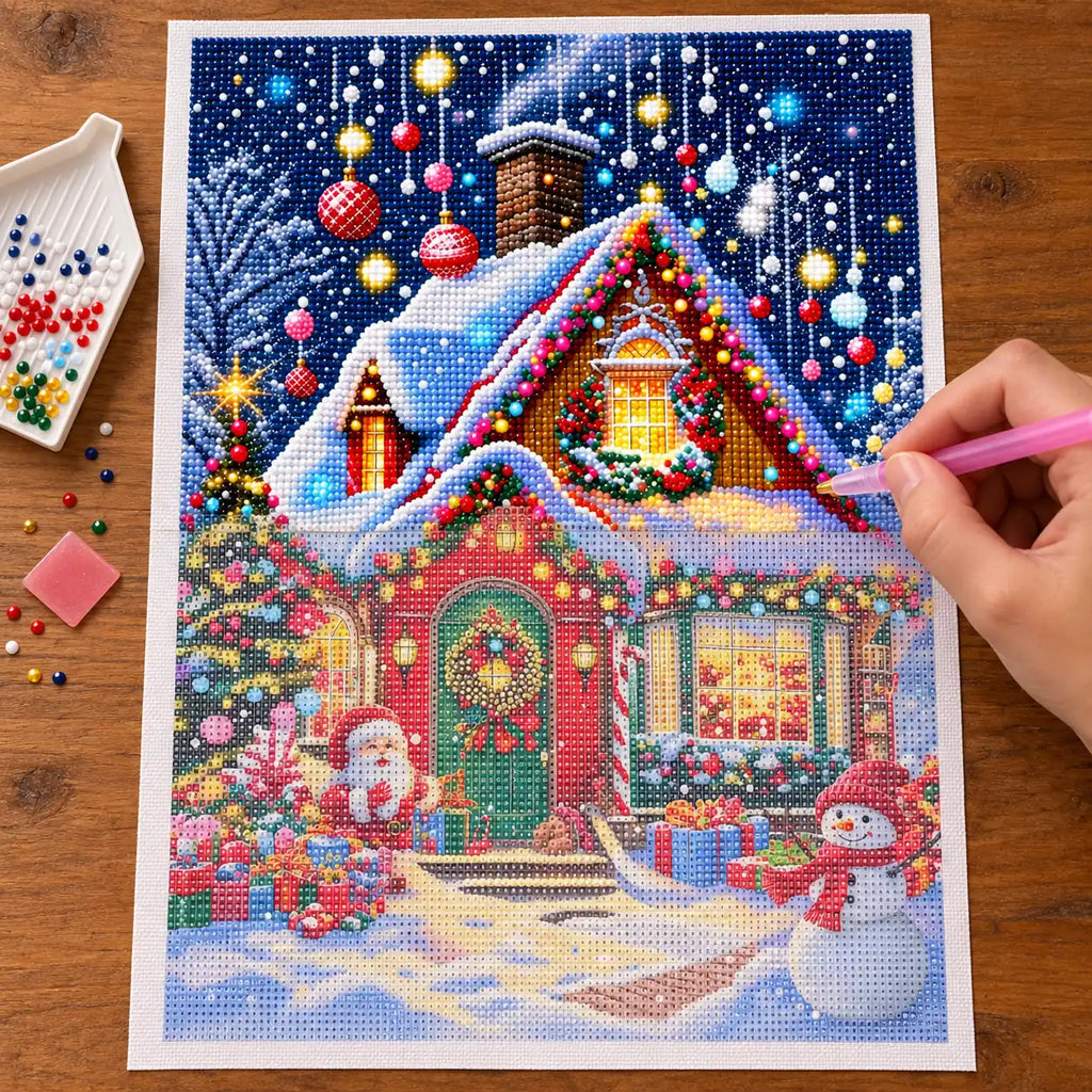 Diamond painting process for christmas cottage glow.