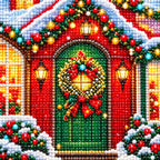 Close-up of diamond drill details in christmas cottage glow.