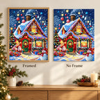 Framed and no-frame comparison for Christmas Cottage Glow Diamond Painting Kit.