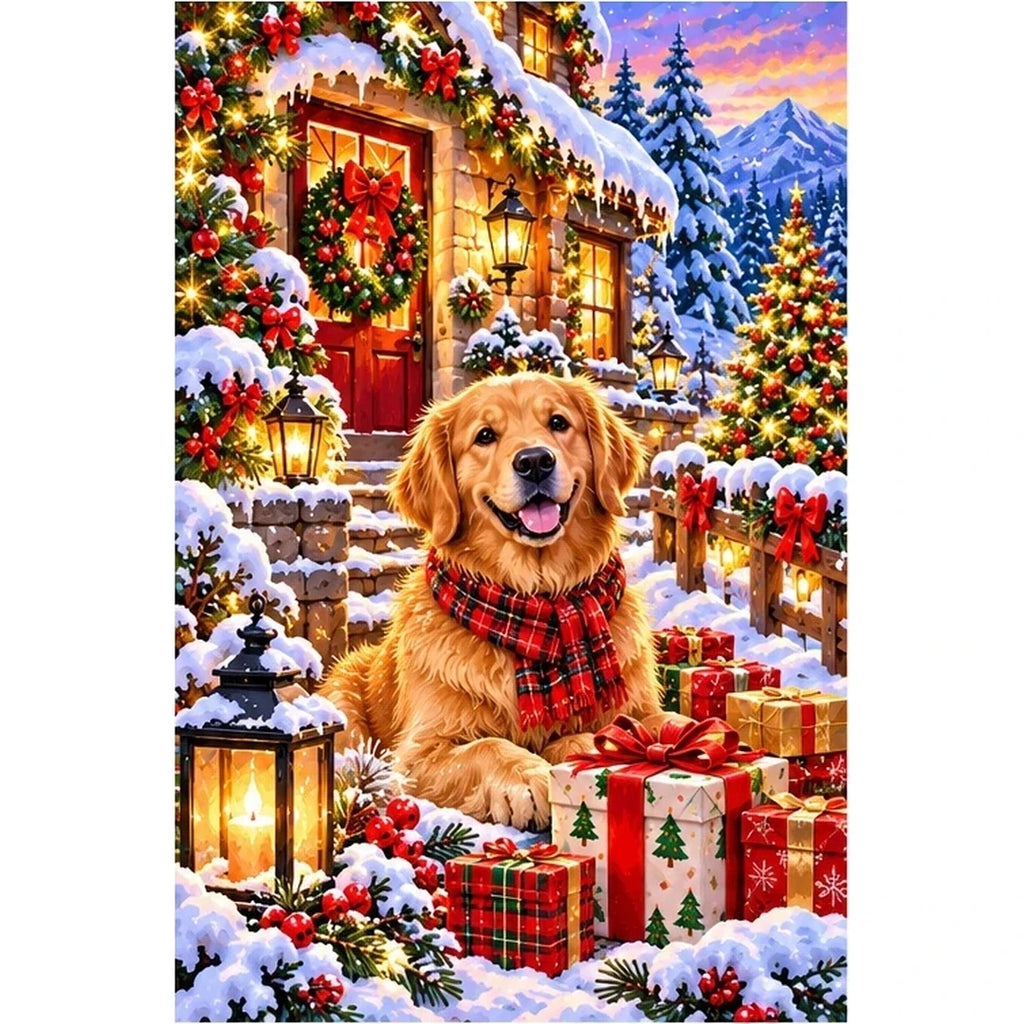 Christmas Cottage Golden Retriever Snow — original artwork on a clean white background