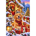 Christmas Cottage Golden Retriever Snow — original artwork on a clean white background