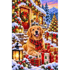 Christmas Cottage Golden Retriever Snow — original artwork on a clean white background