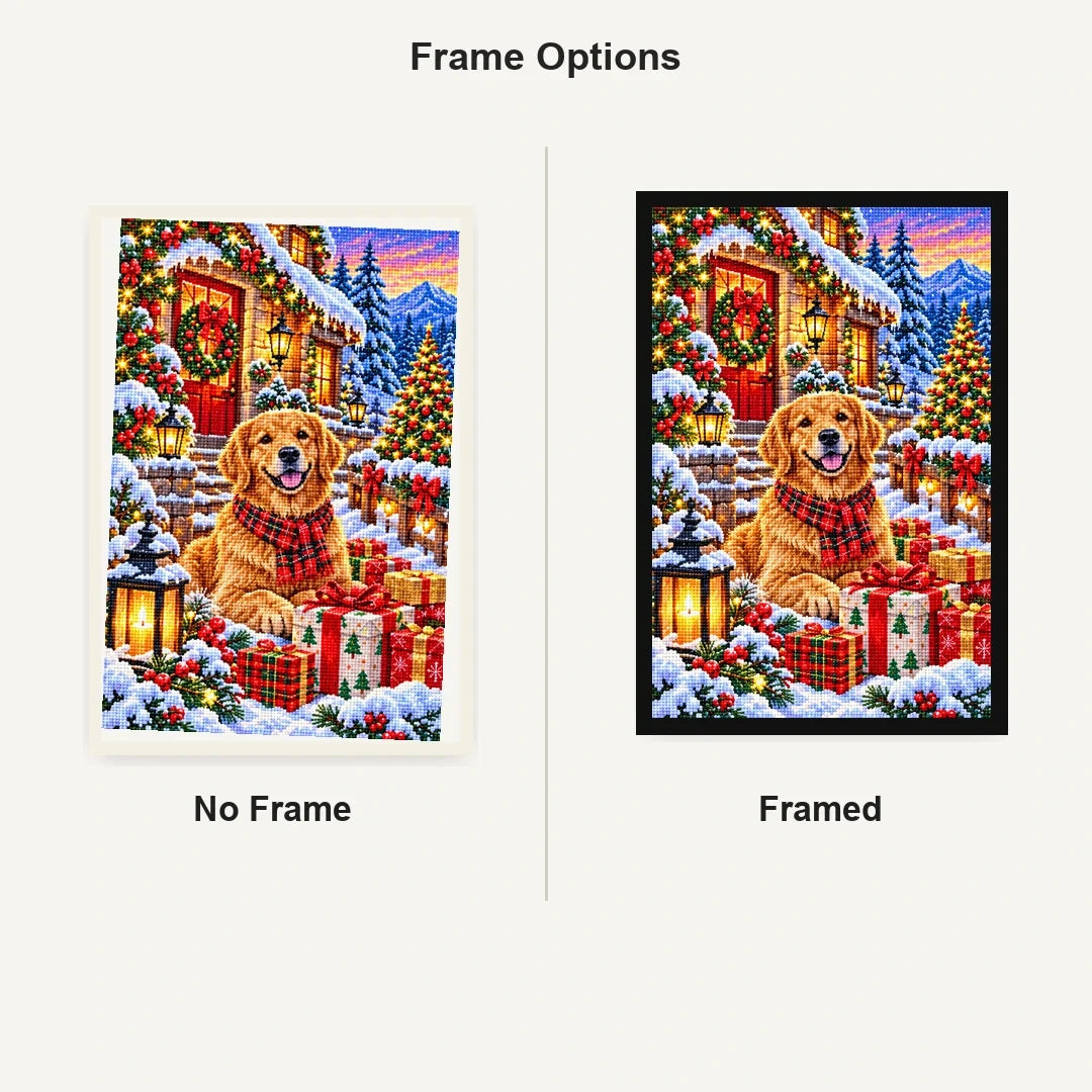 Christmas Cottage Golden Retriever Snow — No Frame and Framed style comparison