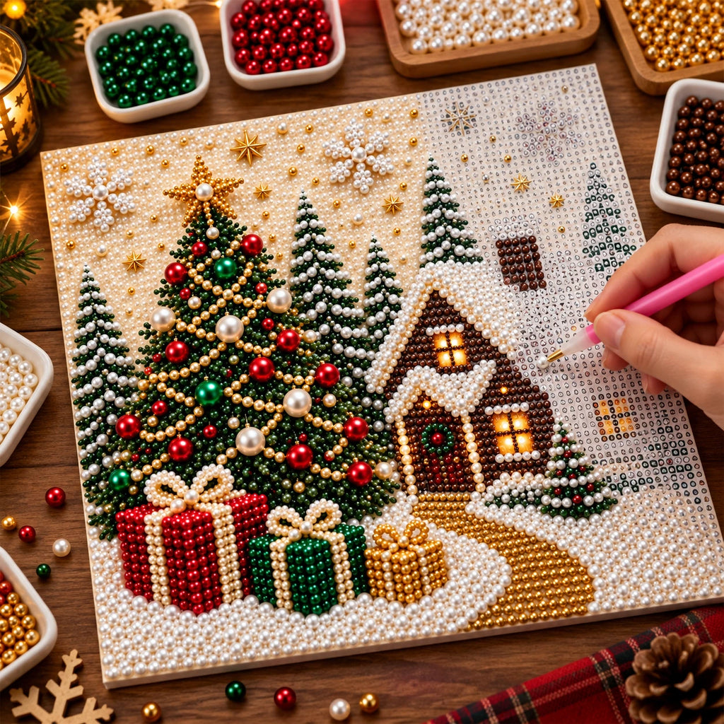 Christmas Cottage pearl painting kit – process image