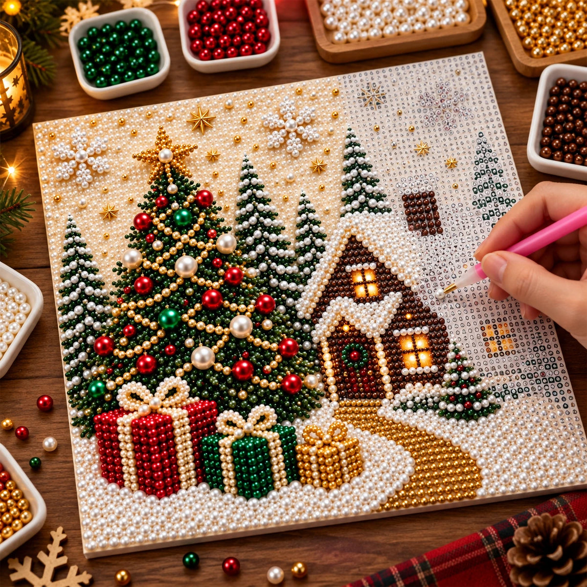 Christmas Cottage pearl painting kit – process image