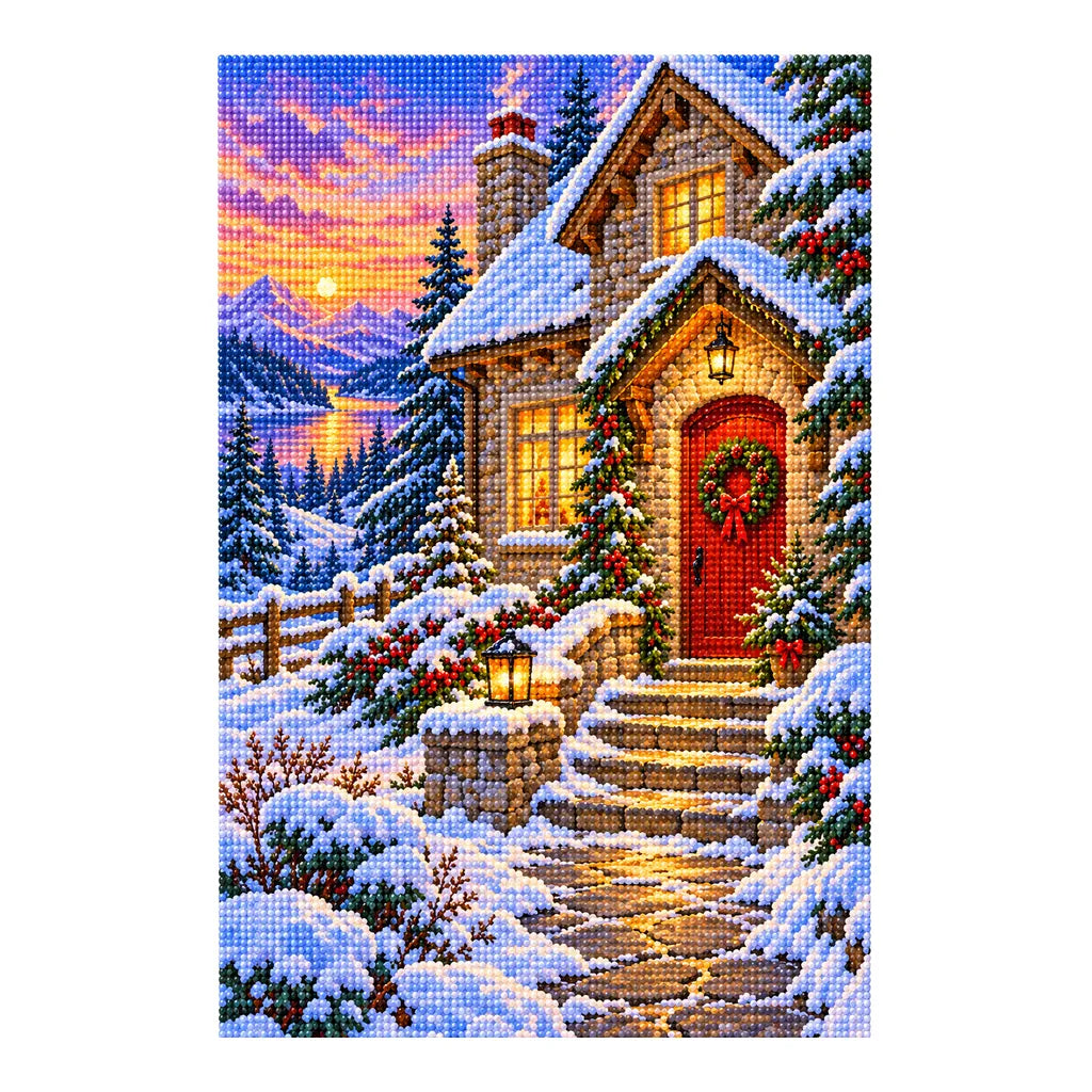 White-background finished diamond painting of Winter Cottage.