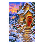 White-background finished diamond painting of Winter Cottage.