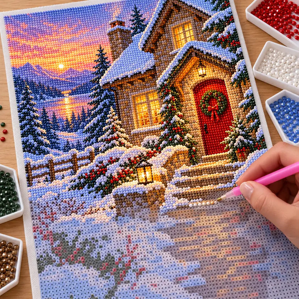 Hands placing diamond drills on the Winter Cottage design.