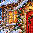 Close-up of drill details in the Winter Cottage diamond painting.