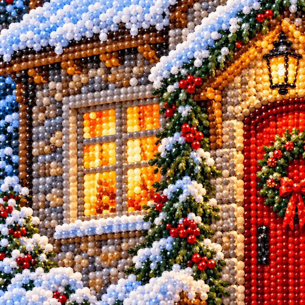 Close-up of drill details in the Winter Cottage diamond painting.