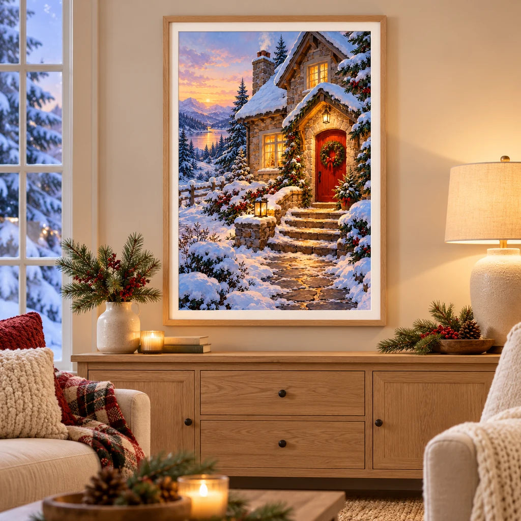 Framed Winter Cottage diamond painting displayed as home decor.