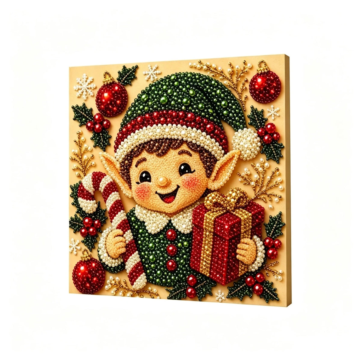 Christmas Elf Gift pearl painting on a cream canvas, finished-effect illustration