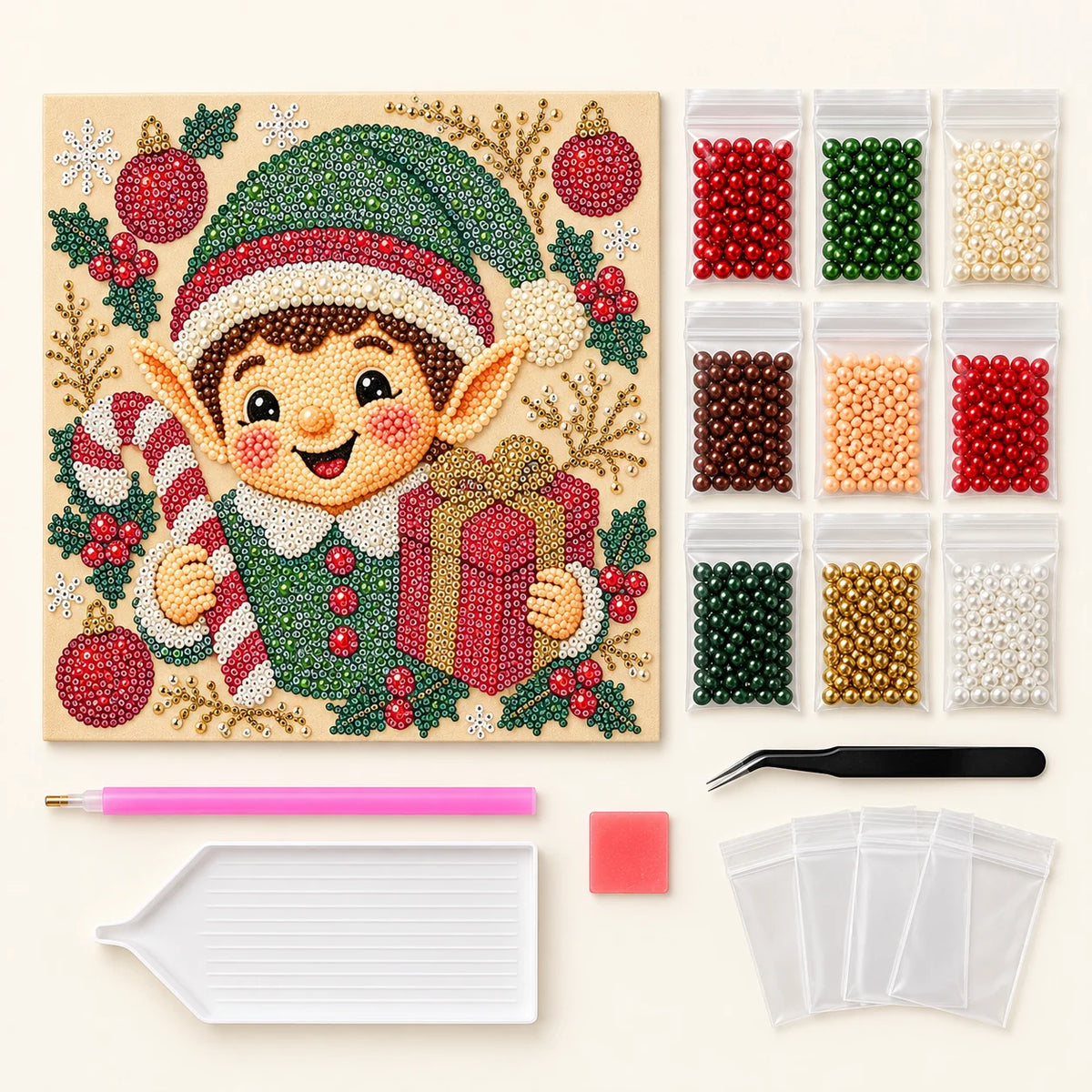 Christmas Elf Gift canvas, matching pearls and DIY placement tools; kit illustration