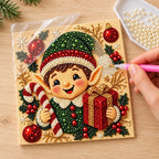 Illustrated process of placing pearls on the Christmas Elf Gift printed canvas