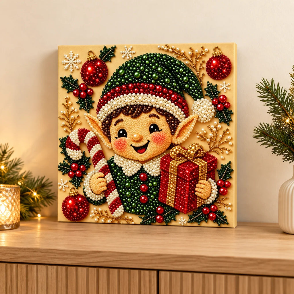Christmas Elf Gift finished-effect illustration in a holiday room; props not included