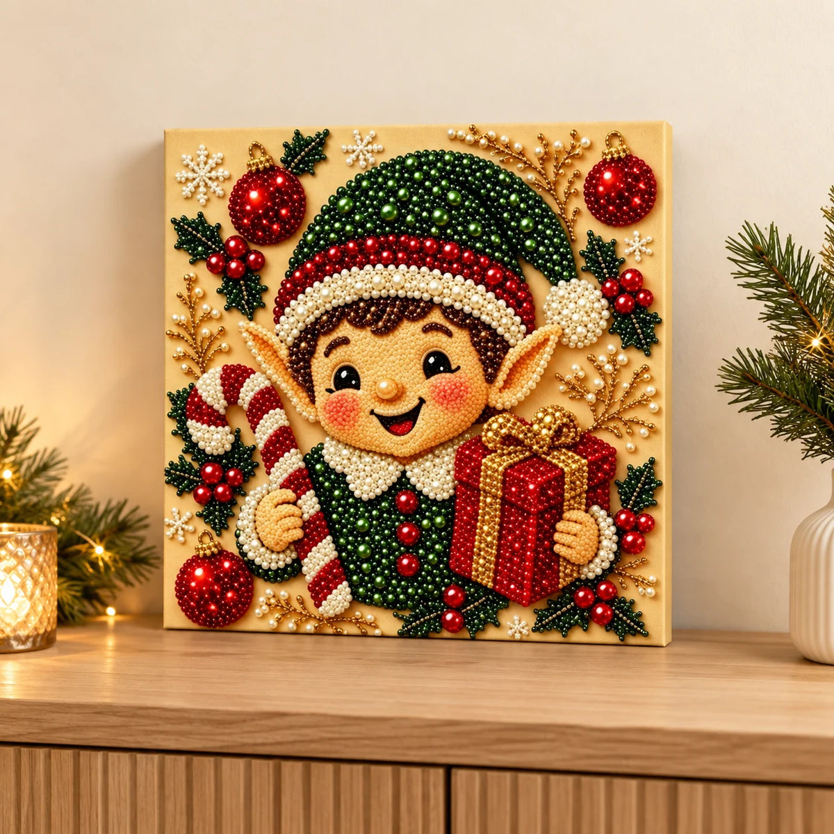 Christmas Elf Gift finished-effect illustration in a holiday room; props not included