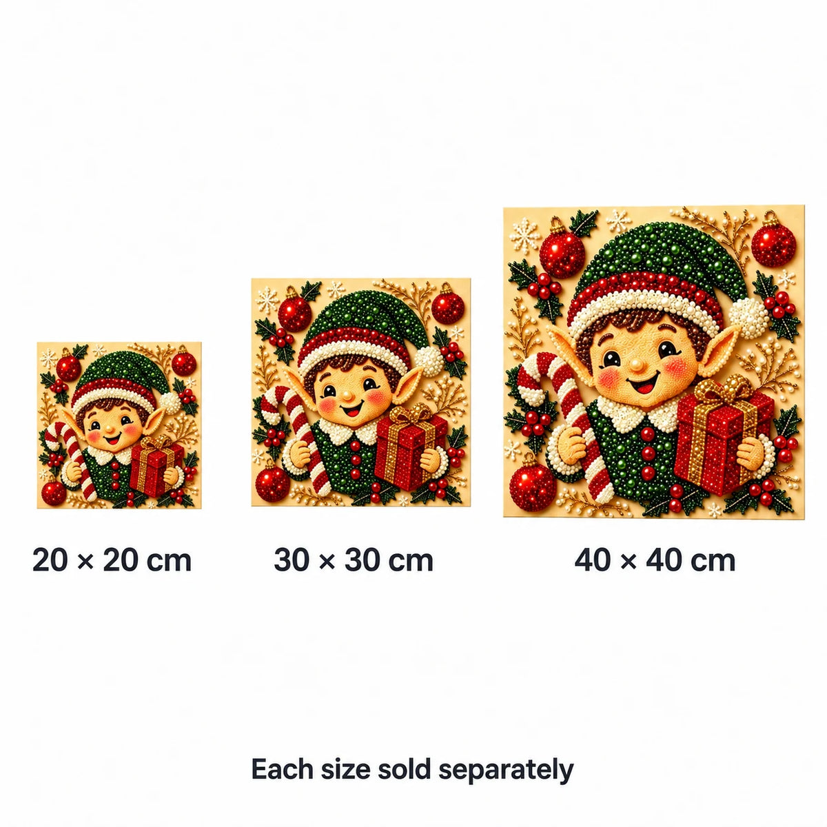 Christmas Elf Gift size options: 20 × 20, 30 × 30 and 40 × 40 cm; each sold separately. Illustrative comparison.