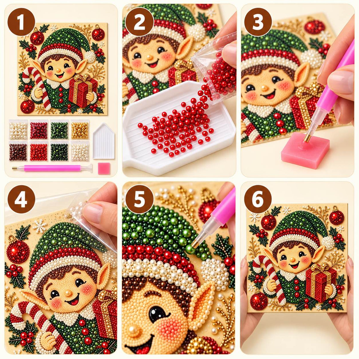 Six-step pearl painting tutorial for the Christmas Elf Gift design.