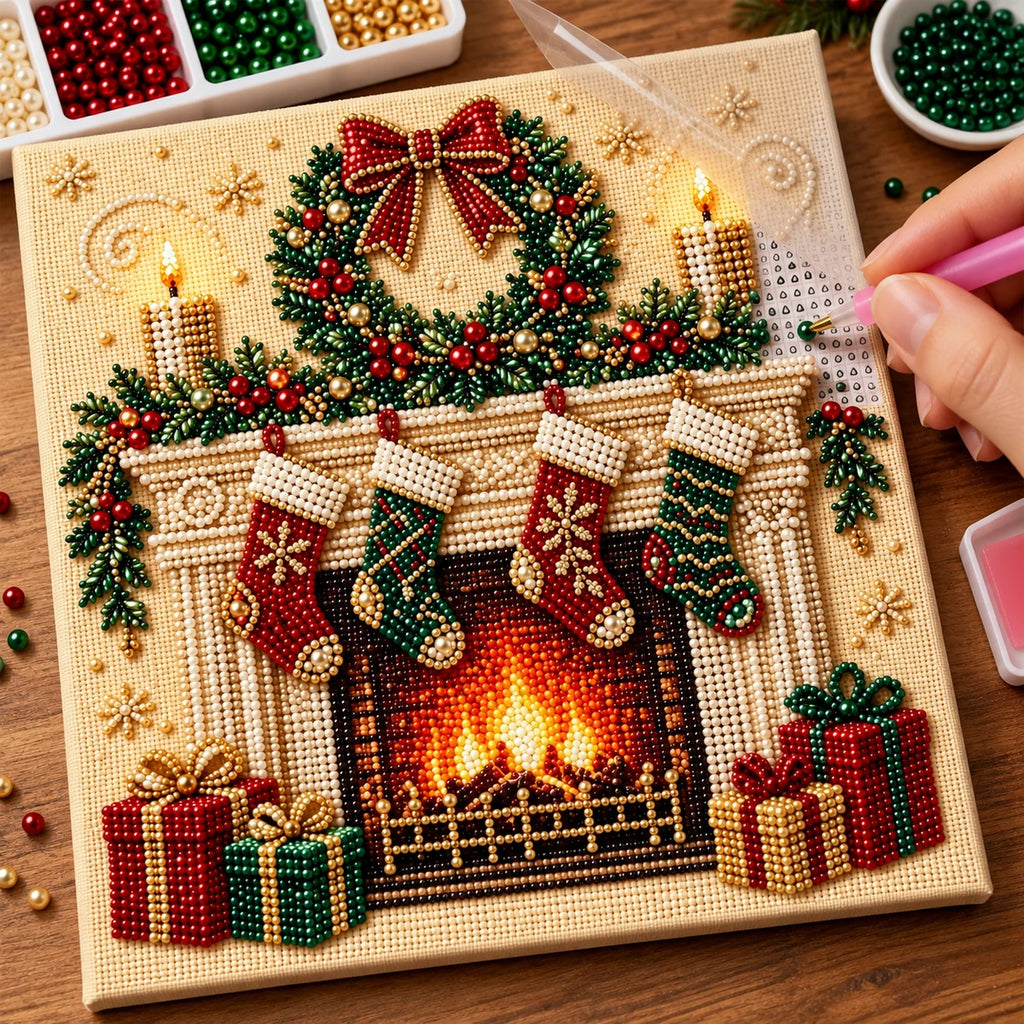 Christmas Fireplace Wreath pearl painting process