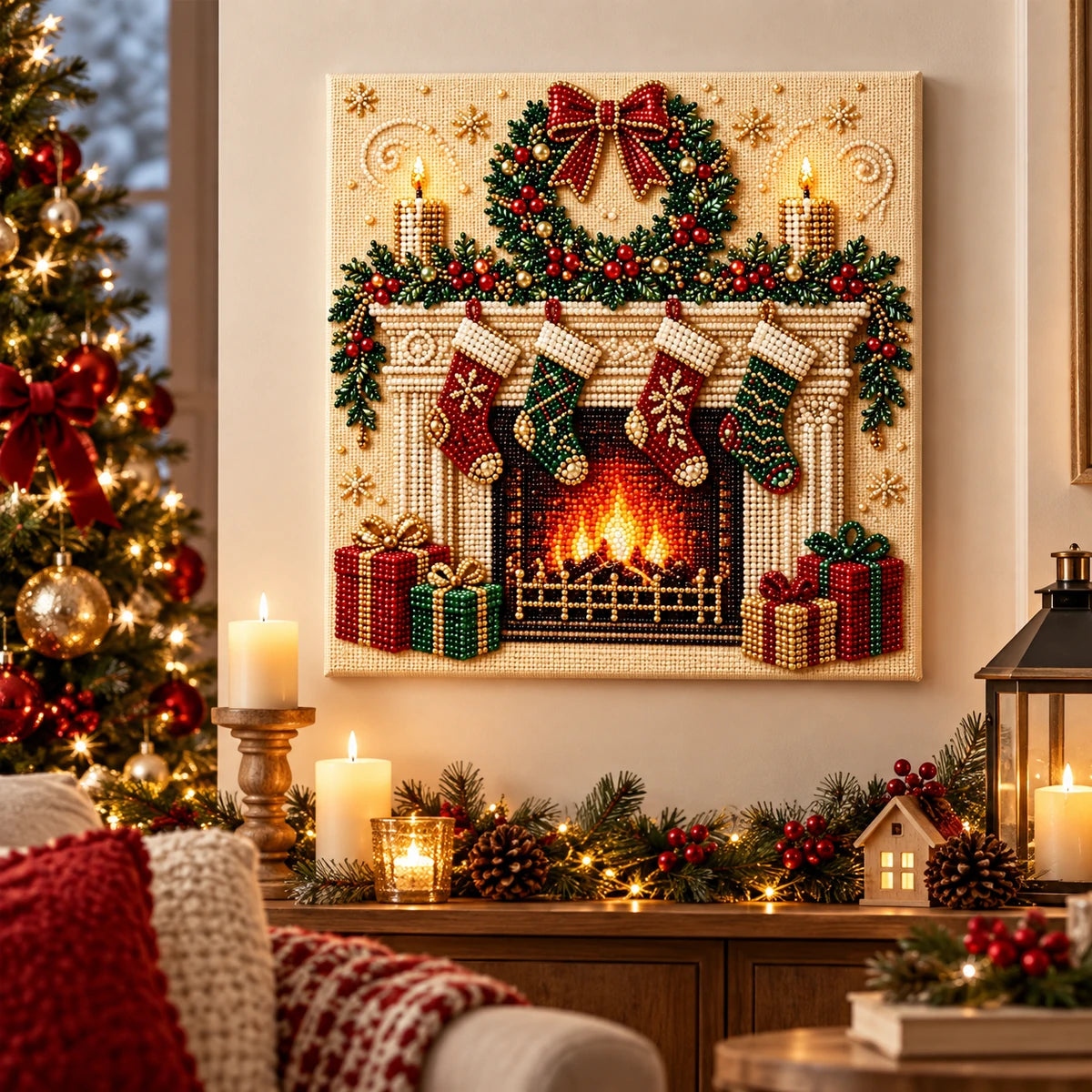 Christmas Fireplace Wreath pearl painting room