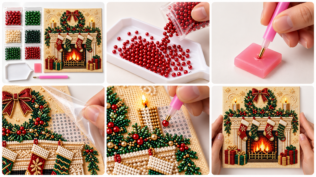 Six-step tutorial showing how to make the Christmas Fireplace Wreath pearl painting