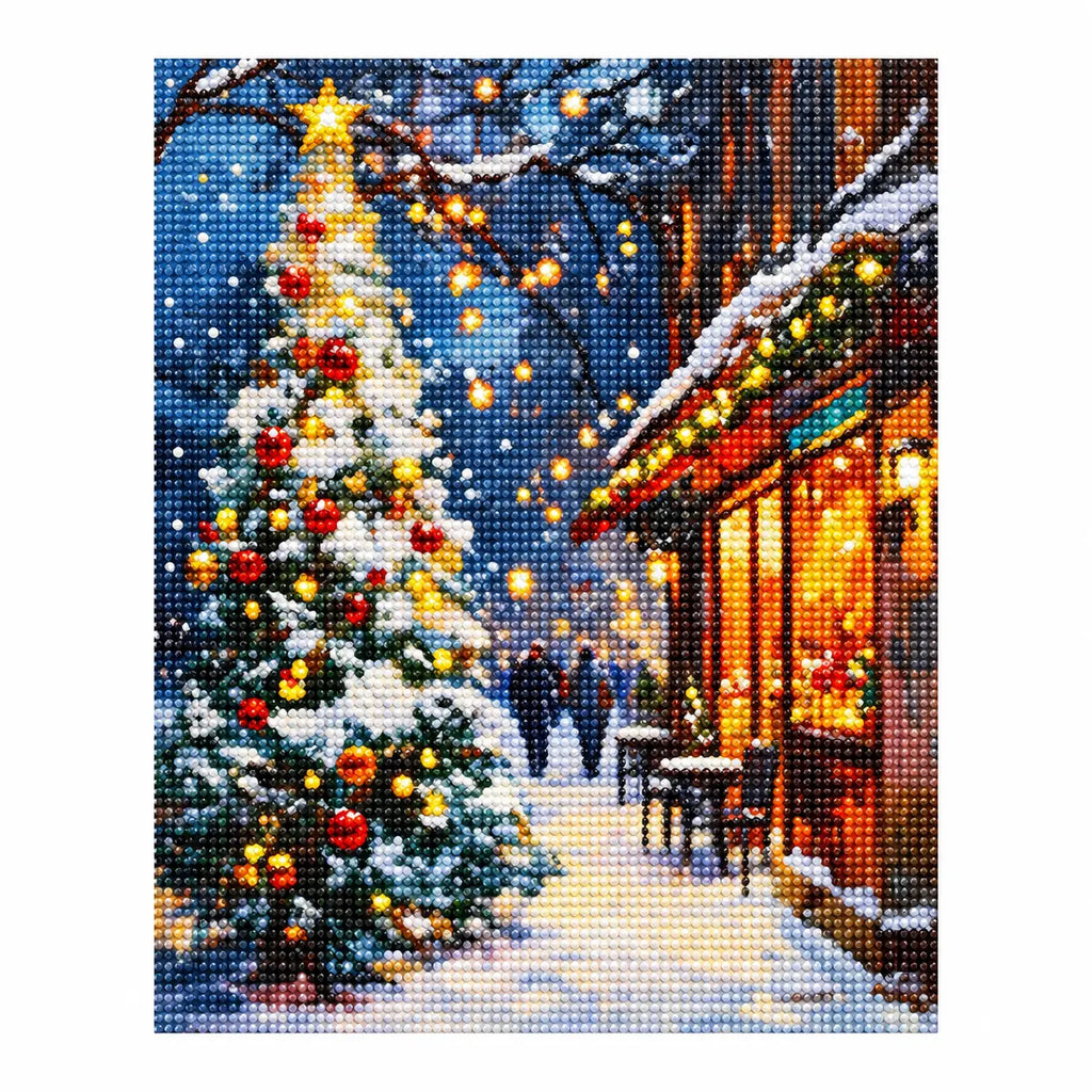Finished diamond painting of christmas glow on snowy street.