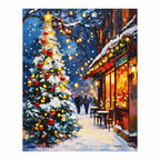 Finished diamond painting of christmas glow on snowy street.