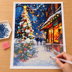 Diamond painting process for christmas glow on snowy street.