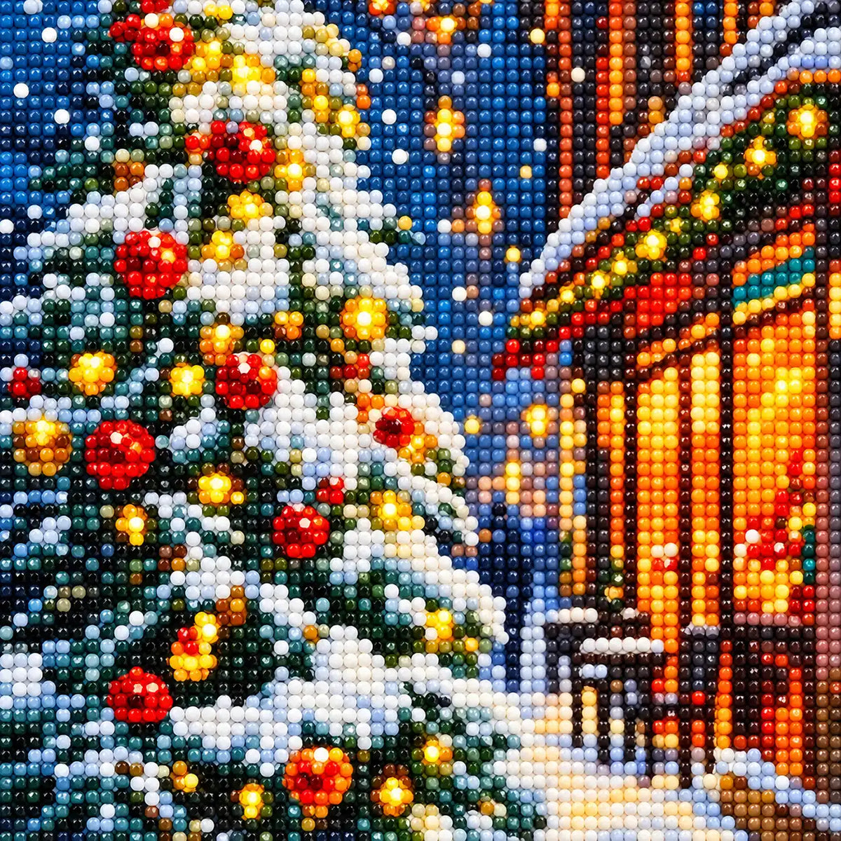 Close-up of diamond drill details in christmas glow on snowy street.