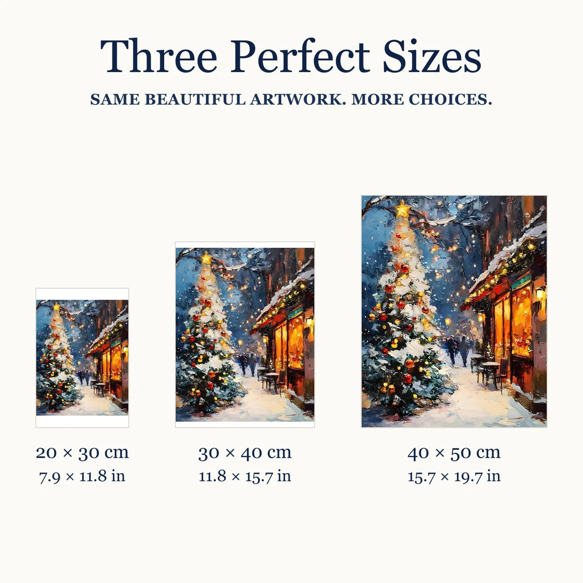 Size guide for Christmas Glow on Snowy Street Diamond Painting Kit: 20 × 30 cm, 30 × 40 cm, and 40 × 50 cm.