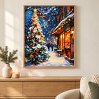 Home decor scene showing christmas glow on snowy street displayed on a wall.