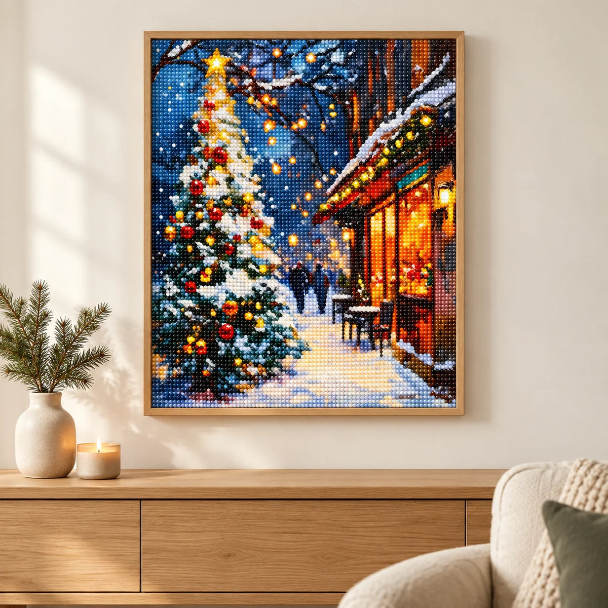 Home decor scene showing christmas glow on snowy street displayed on a wall.