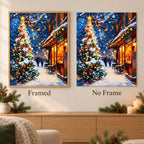 Framed and no-frame comparison for Christmas Glow on Snowy Street Diamond Painting Kit.