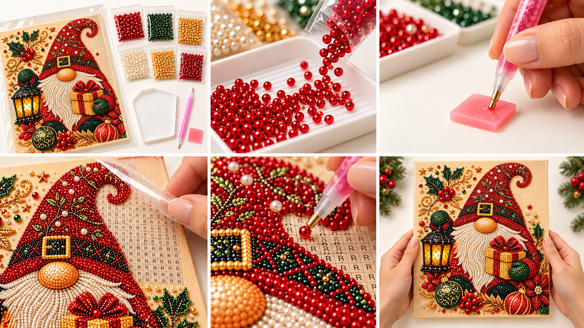 Six-step tutorial showing how to make the Christmas Gnome Lantern pearl painting